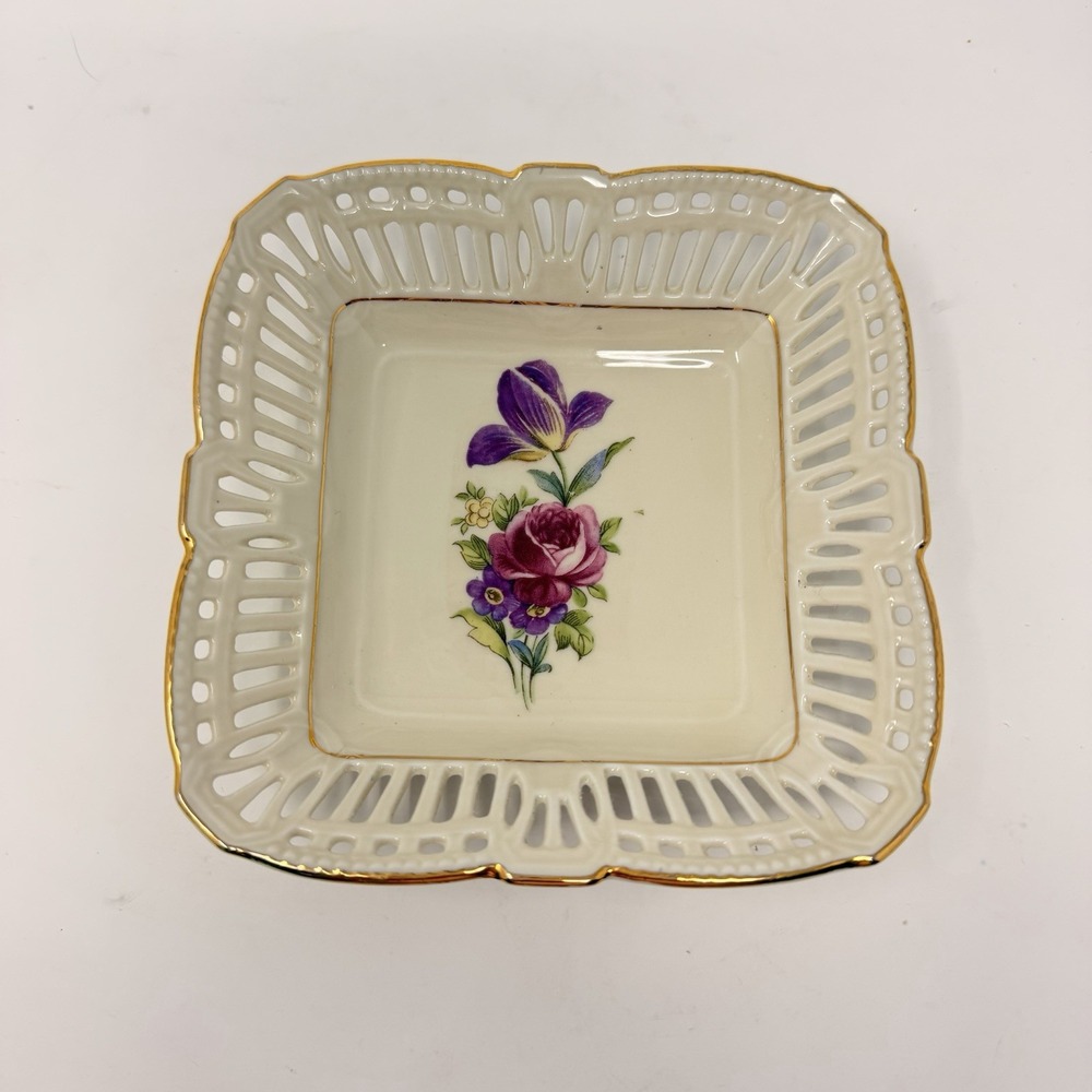 Vintage Schwarzenhammer Bavaria US Zone Reticulated Dish Floral Gold Trim 1940s